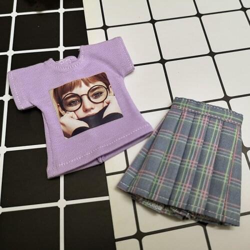 School Uniform Grid Dress or T-shirt, blyth Doll Pleated Skirt for Blyth Licca Barbies 1/6 Dolls Clothes Accessories