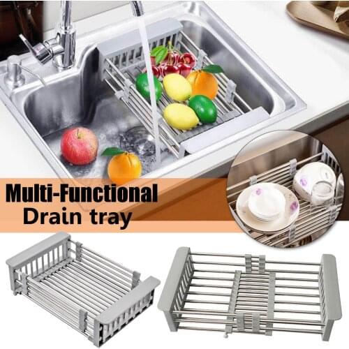 Adjustable Sink Dish Drying Rack Kitchen Organizer Stainless Steel Sink Drain Basket Vegetable Fruit Holder Storage Rack