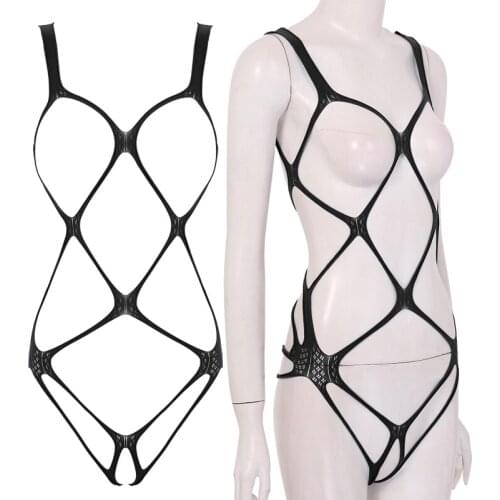 Hot Sexy Women One-piece Bodysuit Hollow Fishnet Lingerie Open Cups Crotchless Bodystockings See-through Stretchy Nightwear