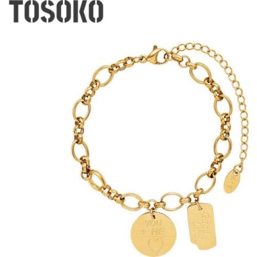 TOSOKO Stainless Steel Jewelry Round Brand Square pendant Bracelet Womens Fashion Big And Small Ring Thick Chain BSE188