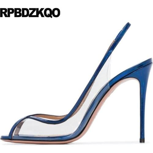 Peep Toe Transparent 13 45 Navy Blue Pumps Ladies Scarpin Slingback Clear Exotic Dancer High Heels Big Size Stripper Pole Shoes