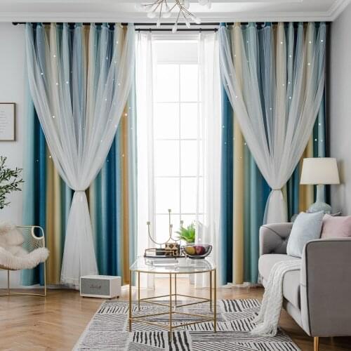 Ahoyikaa Shiny Hollow Stars Double Blackout Curtains Gradient Color Cloth White Sheer Yarn For Living Room Bedroom Decoration