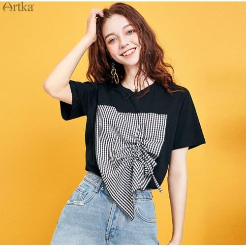 ARTKA 2019 Summer Female T-Shirt Casual Fashion Plaid Drawstring Design O-Neck Short Sleeve Black T-shirt For Women TA15293X