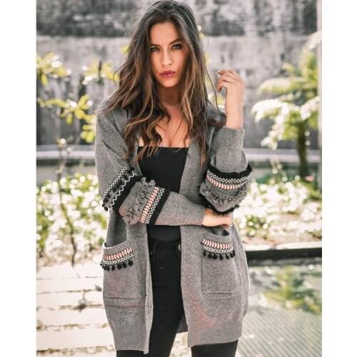 2019 Spring Autumn Womens Fashion Vintage Patchwork Long Sleeve Long Cardigan Warm Sweater Outwear Coats with Pocket Plus size