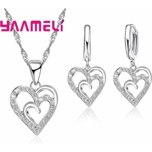 Heart Design Woman Engagement Jewelry Sets 925 Sterling Silver Necklace Earrings Pendants for Wedding Party