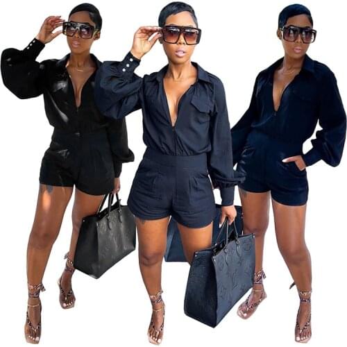 Echoine Summer Women Solid black Overalls 2021 Casual Romper Jumpsuit Zipper Shorts Cargo Pants Shirt Jumpsuit Female Playsuit