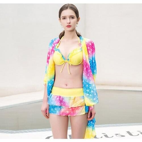 Ladies Four-piece Split Swimsuit High-end Bikini Skirt Shawl Swimsuit Suit With Steel Ring Beach Seaside Vacation