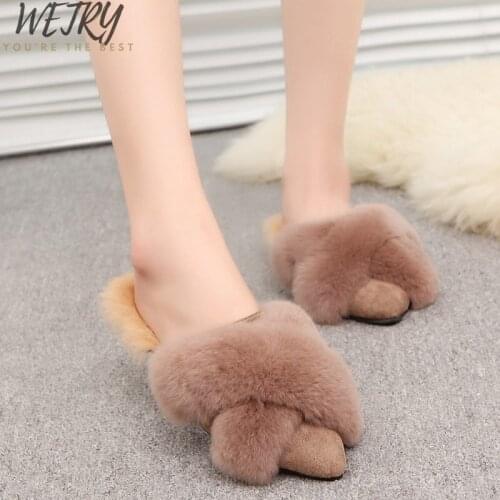 Winter Women House Furry Slippers Fashion Faux Fur Warm Shoes Women Slip on Flats Female Home Slides Black Plush Slippers