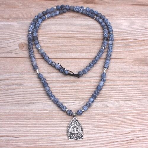 108 Frost Black Gray Onyx With Buddha Charm Pendant Necklace Mala Kette Buddhist Prayer Necklace Men,women Spiritual Jewelry