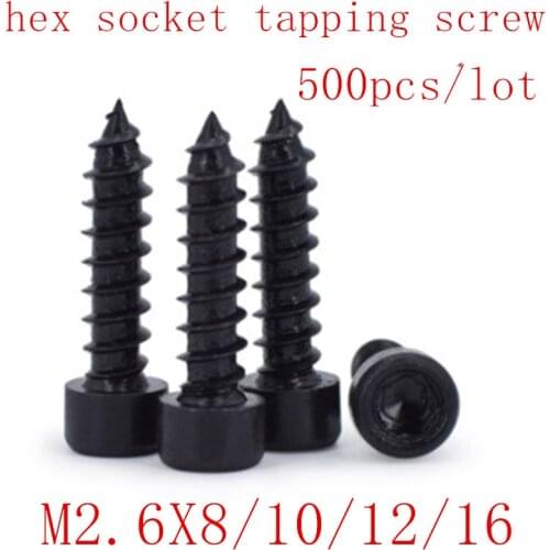 500pcs M2.6*6/8/10/12/16 steel with black hex socket self tapping screw Model Screw