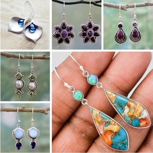CiNily Vintage Silver Stone Purple Blue Stone Earring Hook Dangle Gift With Stone Women & Girl Gift