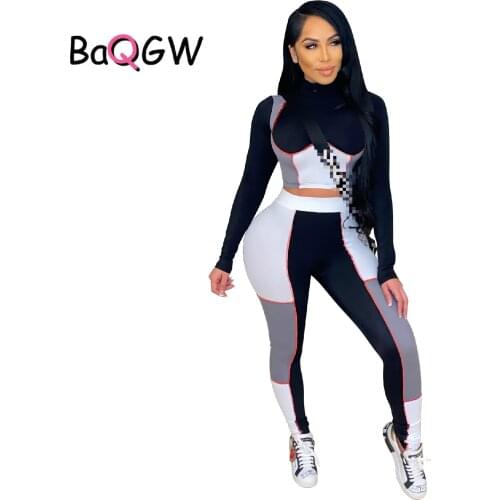 Color Block Two Piece Set Women Full Sleeve Crop Top Skinny High Waist Leggings Sexy Autum Matching Sets Club Outfits for Women
