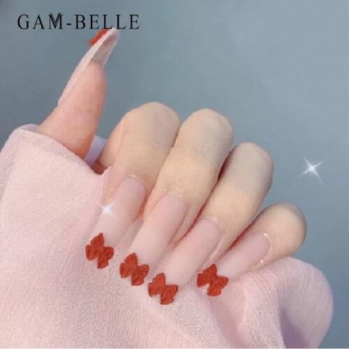 GAM-BELLE 3D Red Bow Matte Nude False Nails Long Ellipse Press On Nails Full Cover Artificial Nail Art Tips DIY Manicure Tools