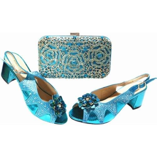 Italian Design Lastest African Women Shoes and Bag Set Decorated With Butterfly-Kont Shape Rhinestone in BuleColor for Party It