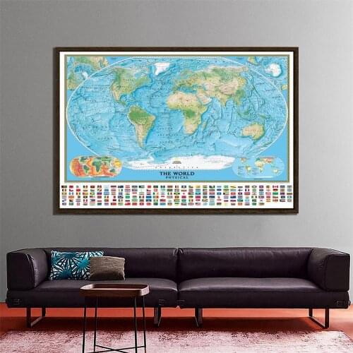 The World Physical Map With National Flags Non-woven Waterproof Map With World Climate And Tectonics