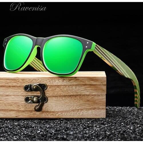 RAVENISA Classic Colorful Multi Sun Glasses For Men Women Wooden Sunglasses Green Striped Wood Eyewear Polarized Goggle