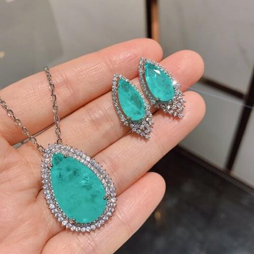 MIQIAO White Gold Luzury Crystal Waterdrop Stone Vintage Boho Retro Stud Earring Pendant Collar Necklace Jewelry Set for Women
