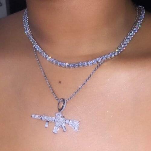 Trendy Hip Hop AK47 Gun Pistol Rhinestone Necklace For Women Men Multi-layer Crystal Chain Choker Necklace Statement Jewelry New