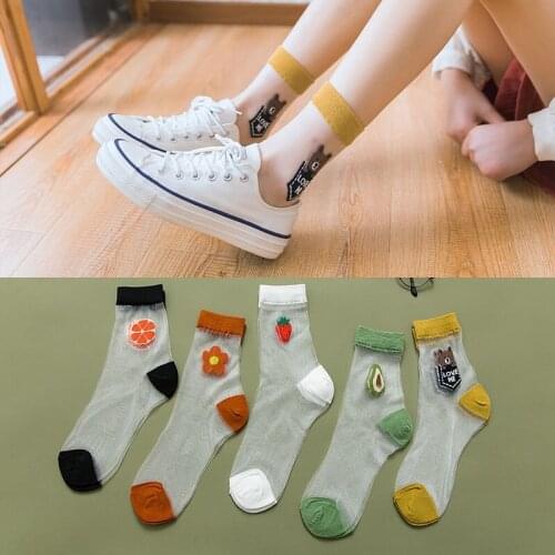 Harajuku Crystal Silk Tide Socks Funny cat kitten flower bear orange strawberry avocado Happy Women Sock Casual High Quality