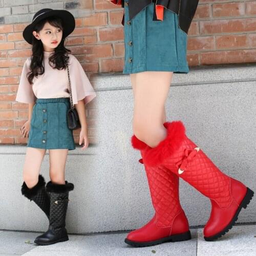 New red Genuine Leather Girls Knee-high Boots Princess Childrens Tall Boots High Kids Shoes Girl Shoes Knee Fashion Boots