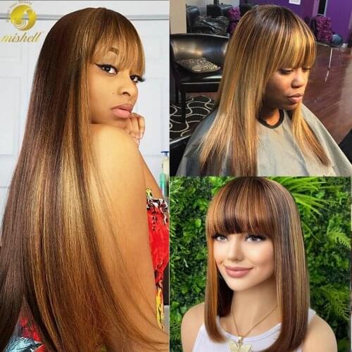 Ombre Human Hair Wigs Highlight Straight Wigs With Bangs For Black Women Honey Blonde Colored Glueless Fringe Human Hair Wigs
