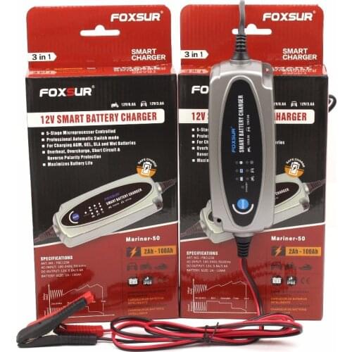 FOXSUR 12V 0.8A & 3.6A Fully Automatic Motorcycle Car Scooter Dry wet Lead Battery Charger Intelligent Pulse Repair Charger