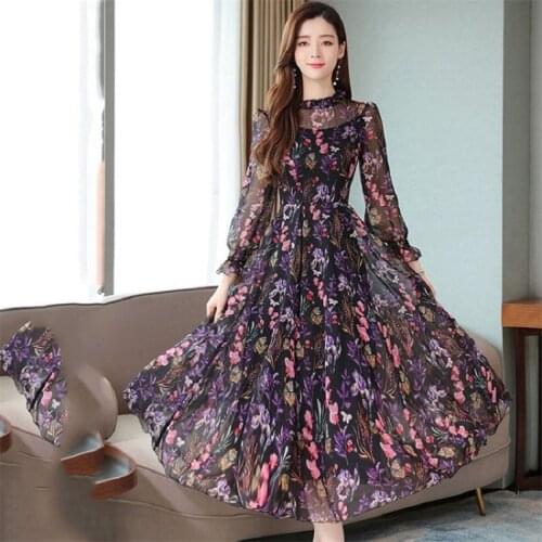 Floral Print Chiffon Dress Women Korean Spring Summer Long Maxi Dress O-Neck Long Sleeve Vintage Party Dress Plus Size 3XL A891