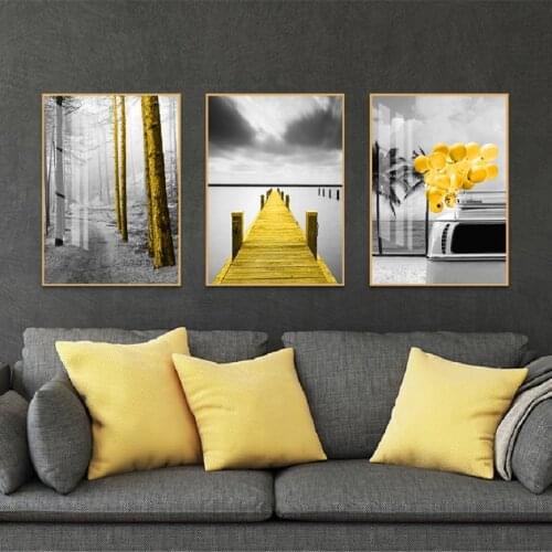 Nordic Black and Yellow Art Prints Bridge Canvas Paintings Tree Forest Wall Art Prints Poster for Living Room Home Decoration