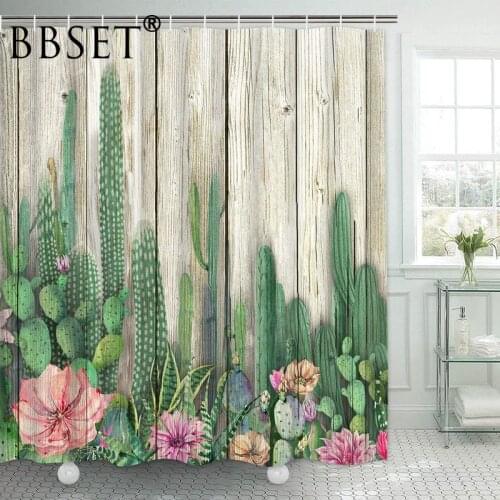 Cactus Shower Curtain Flowering Cactus on The Wooden Board Pattern Waterproof Multi-size Cortina De Bano Bathroom Decor