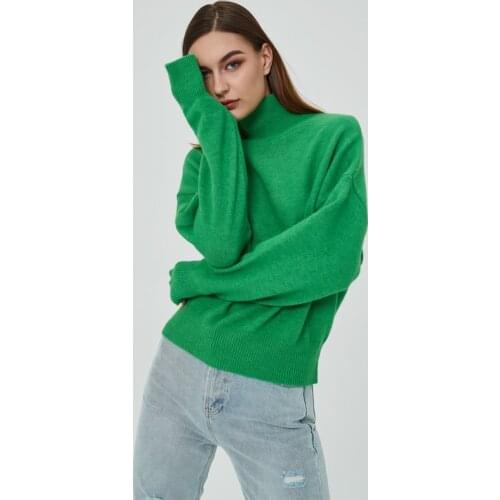 Women 2021 Green Fashion knit sweater with high neck Vintage Long Sleeve Female Pullover Chic top Femme