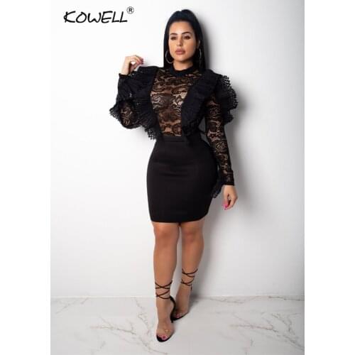 Ruffles Lace Perspective Hollow Out Dress Autumn Long Sleeve Slim Hip Package Dress Women Party Nightclub Bodycon Dress Vestido