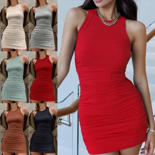 Dress For Women 2021 New Fashion Solid Color Sexy Hip Fitness Sheath Tank Dress Casual Round Neck Formal All-match Dress Vestido