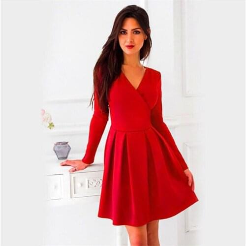 Autumn 2021 Women Dress Fashion Deep V-Neck Long Sleeve Pleated Dresses Casual Elegant Slim A-Line Pleated Dresses Ropa Mujer