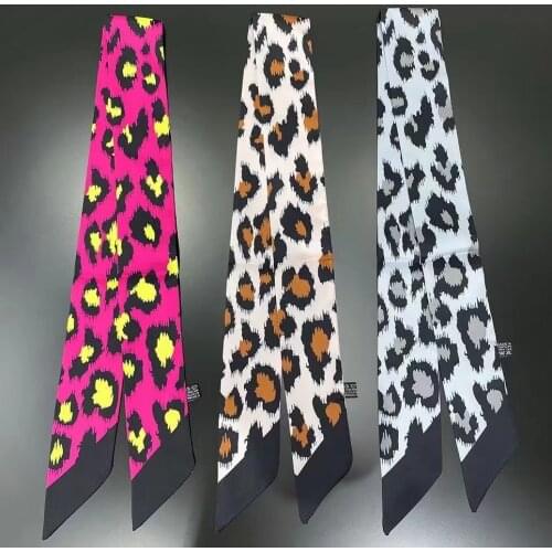 5*88cm Small Twill Silk Headband For Girls Sexy Leopard Print Handle Bag Foulard For Ladies Skinny Scarf Ribbons Tied Hair
