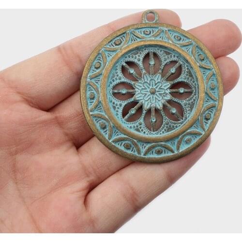 5pcs Antique Patina Verdigris/Brown Open Flower Emboss Round Shield Big Charms Pendants For Jewelry Making Findings