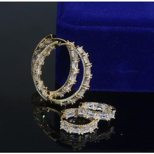 5A Rectangle Baguette CZ Iced Out Sparking Bling Cubic Zircon Fashion Jewelry Small Big 25mm 40mm Huggie Hoop Earring For Women