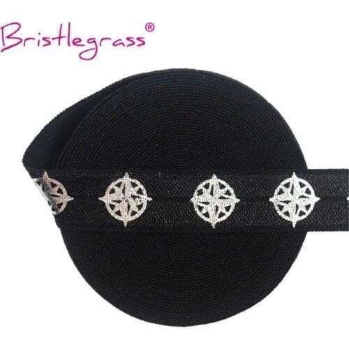 BRISTLEGRASS 5 Yard 5/8" 15mm Silver Compass Foil Print Fold Over Elastics FOE Spandex Bands Hair Tie Headband Tutu Dress Sewing