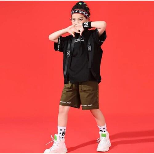 Kid Hip Hop Clothing T Shirt Tops Tactical Cargo Shorts Sleeveless Jacket Vest for Girl Boy Jazz Dance Costume Clothes Wear