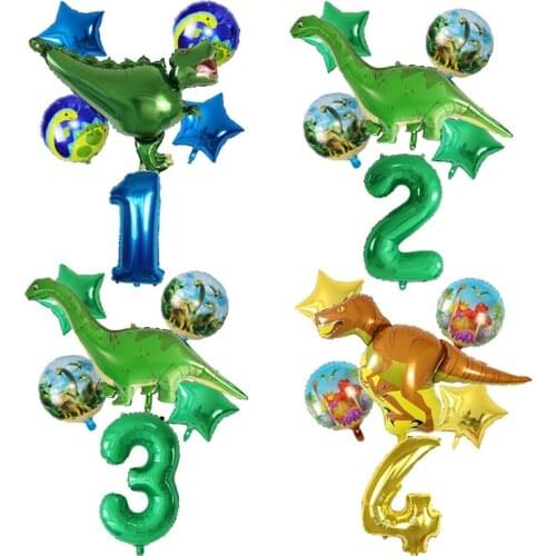 6pcs Dinosaur Balloons Foil Standing Green Dinosaur Dragon Number Birthday Decoration Party Supplies Boy Kids Toy Helium Globals
