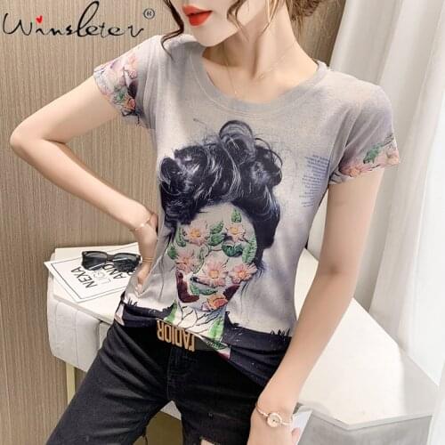 Summer European Style T-Shirt Chic Elegant Women Print Flower Tops Short Sleeve Bottoming Shirt All Match Slim Tees New T15710A