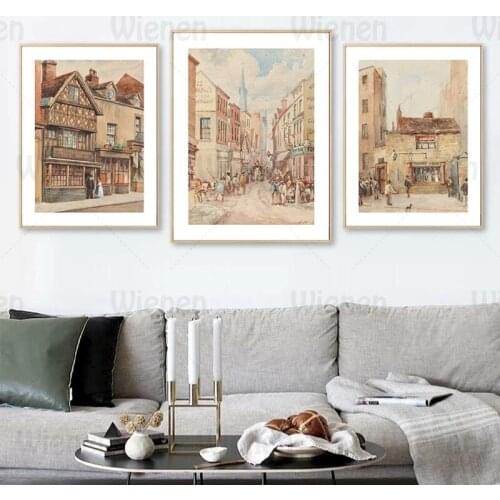 City Poster Vintage Street Canvas Posters and Prints Landscape Oil Painting Wall Art Pictures Living Room Dining Room Wall Decor