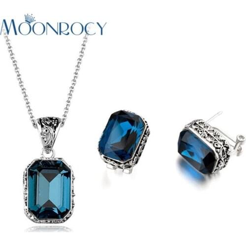 MOONROCY Free Shipping fashion blue green Purple crystal necklace and earrings Jewelry Set wholesale for women Gift