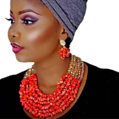 URORU 6 Layers African Bridal Jewelry Set Orange Nature Coral Beads And Gold Crystal Jewellery Nigeria Weddings Set 2020 Fashion