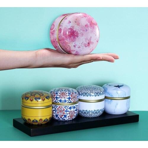 Small Coffee Tea Caddy Storage Jar Round Sealed Tea Leaves Iron Packing Box Chinese Style Container Cans Mini Tin Storage Box