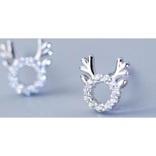 MloveAcc 100% 925 Solid Real Sterling Silver Elk CZ Stud Earring for Winter Women Girl Christmas Present
