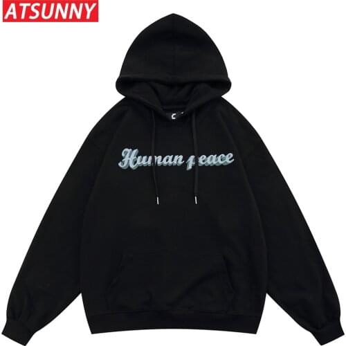 ATSUNNY Human Peace Print Sweatshirts Hoodies Streetwear Mens Hip Hop Harajuku Casual Sweat Tops