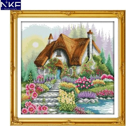 NKF Flower Home Scenery Counted Cross Stitch Painting DIY Needlework Embroidery Stamped Cross Stitch Kits for Home Decor