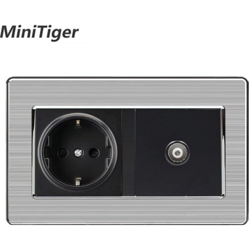 Minitiger 16A Russia Spain EU Standard Power Socket Grounded With Female TV Jack Stainless Steel Brushed Panel Wall Outlet