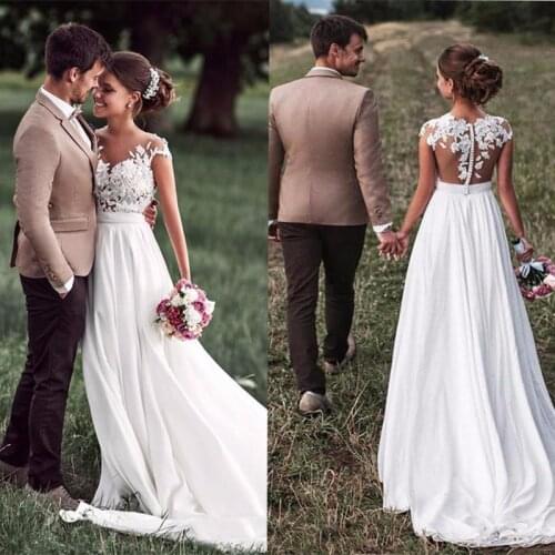 Cheap Boho Wedding Dresses 2020 vestido de noiva Appliqued Lace Wedding Gowns Sheer Illusion A Line Chiffon Bride Dress