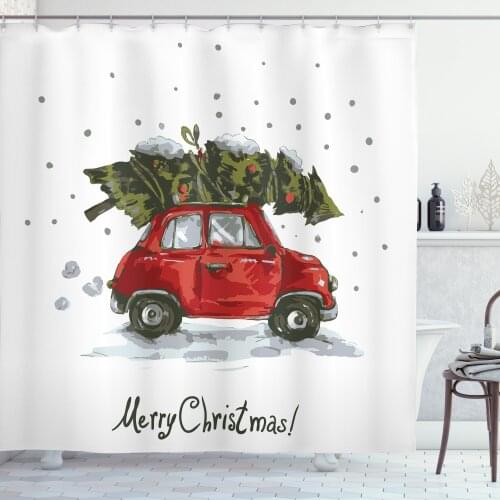 Noel Shower Curtain Set Merry Christmas Retro Car and Fir Tree Curtain for Bathroom Decor 12 Hooks Decorative Bath Accessory